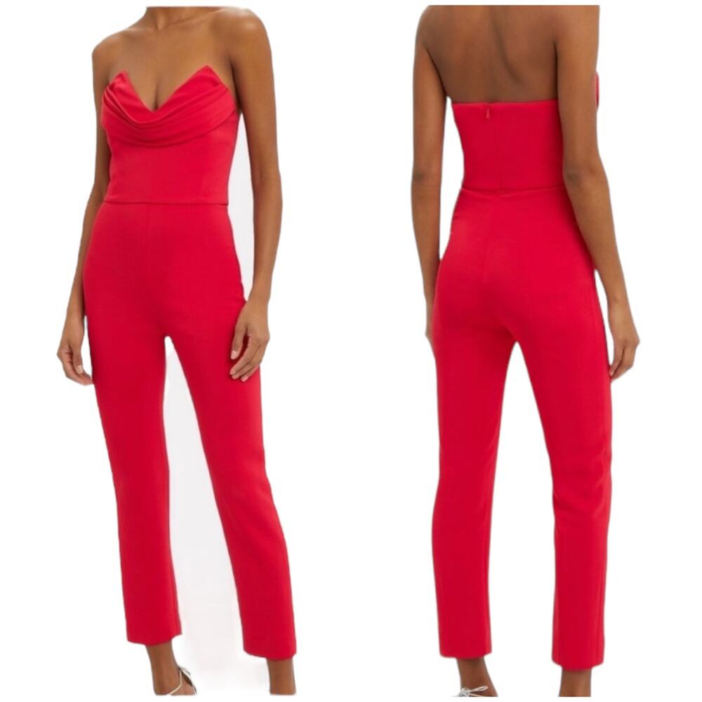 CUSHNIE Strapless Corset Jumpsuit Red Size 0 Draped Bust Cropped Leg *Dust Marks
